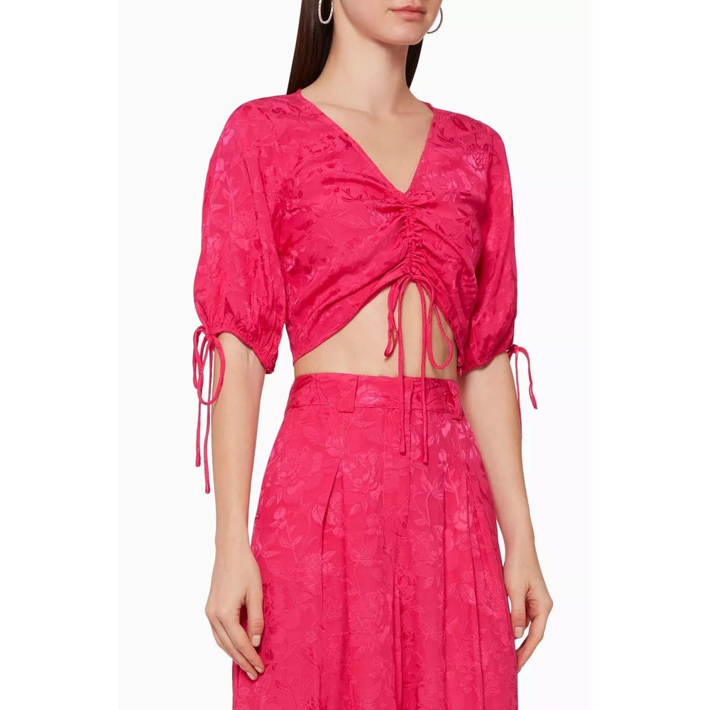 STAUD Blossom Ruched Jacquard Top Cropped Floral Peony Hot Pink Puff Sleeve‎ Lrg